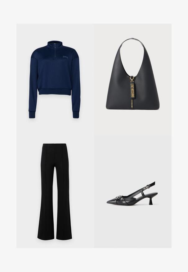 Sweatshirt bleu marine à col zippé en tissu doux, doté de manches longues et d'un design court avec un ourlet et des poignets côtelés.; Pantalons évasés noirs avec une taille haute, fabriqués en tissu extensible. Présente des détails de couture verticaux sur le devant et une texture lisse.; Chaussure slingback en cuir noir avec un bout pointu, des sangles décoratives avec œillets en métal et un petit talon carré. Surface texturée.; Sac à bandoulière en cuir noir avec une large sangle, des accessoires en or et deux étiquettes suspendues embossées avec "LOVE MOSCHINO" en lettres dorées.