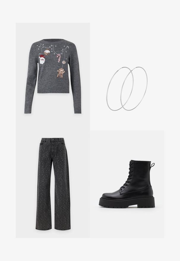 JDY JDYTWINKLE XMAS O NECK PULLOVER - Neule - medium grey melange; Noisy May NMJANNEL LOOSE - Relaxed fit -farkut - black denim; Musta nahkainen nilkkureita, joissa on pyöreä kärki, nauhakiinnitys edessä ja paksu kumipohja, jossa on teksturoitu pinta. Takana vetotappi.; Hopehope hopeilla, joissa on minimalistinen muotoilu. Pyöreä muoto, sileä pinta ja ohut profiili. Kevyet ja kiillotetut.