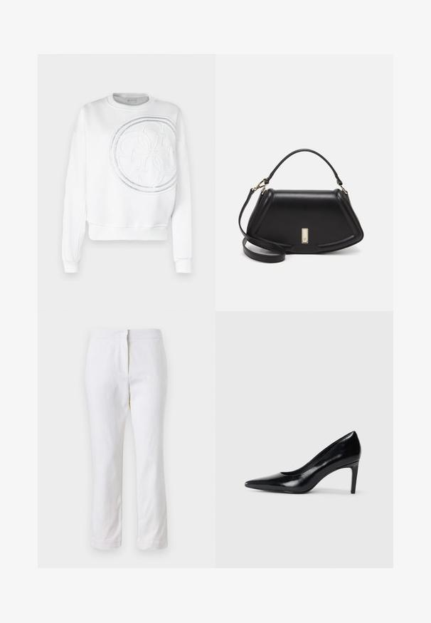 Felpa bianca con collo a giro, caratterizzata da un grande logo in rilievo e sottili dettagli perforati sulla parte anteriore. Texture morbida, vestibilità casual.; Pantaloni bianchi in cotone con design a gamba dritta, caratterizzati da una vita a media altezza e senza hardware o motivi visibili. Tessuto liscio su tutta la superficie.; Scarpa con tacco alto in pelle nera, con punta affusolata, texture liscia e tacco rastremato. Design minimalista, senza ulteriori decorazioni.; Borsa a mano in pelle nera con un design strutturato, caratterizzata da una forma corta, manico superiore e accessori in metallo dorato. Inclusa tracolla regolabile.