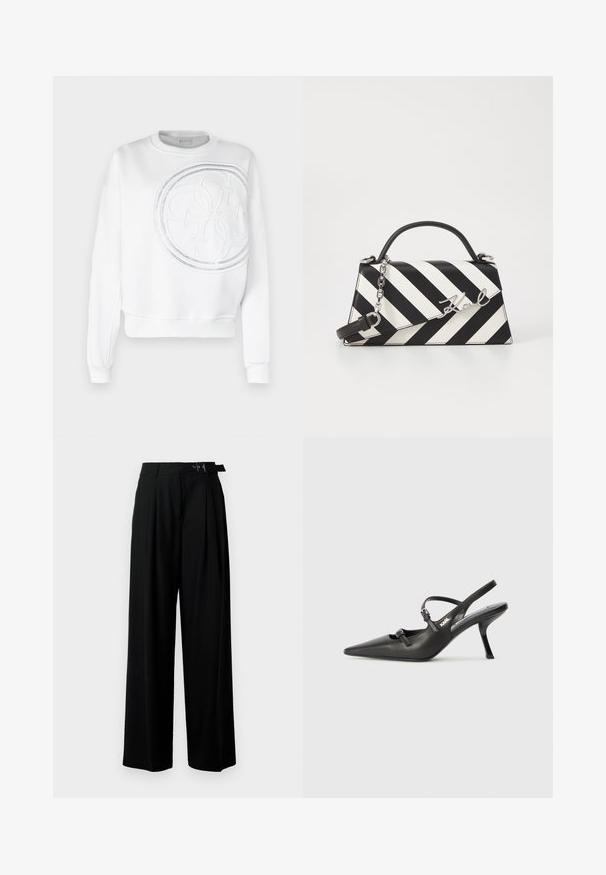 Felpa bianca con collo a giro, caratterizzata da un grande logo in rilievo e sottili dettagli perforati sulla parte anteriore. Texture morbida, vestibilità casual.; Pantaloni neri a gamba larga con vita alta, pieghe nella parte anteriore e una cintura con fibbia. Realizzati in tessuto liscio e leggero.; Scarpe slingback nere in pelle con punta affilata, tacco sottile e dettaglio decorativo a fibbia sulla tomaia. Texture liscia e design elegante.; Borsa a righe bianche e nere con una forma strutturata, dotata di manico superiore, tracolla a catena staccabile e dettaglio logo metallico.