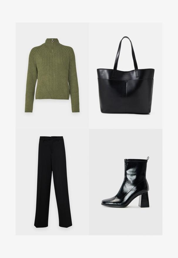 Sweater verde em malha canelada com colarinho alto e fecho de correr curto, apresentando uma silhueta ajustada e mangas longas. Tecido texturizado.; Calças largas pretas, feitas de um tecido suave, com uma cintura clássica com fecho de botão e pregas frontais.; Botim de tornozelo pretos em verniz com bico quadrado e salto geométrico robusto. Apresenta uma textura suave e brilhante, além de uma pega traseira para facilitar o calçar.; Bolsa tote preta em couro com duas alças longas, textura suave e forma estruturada. Apresenta um bolso frontal para armazenamento adicional.