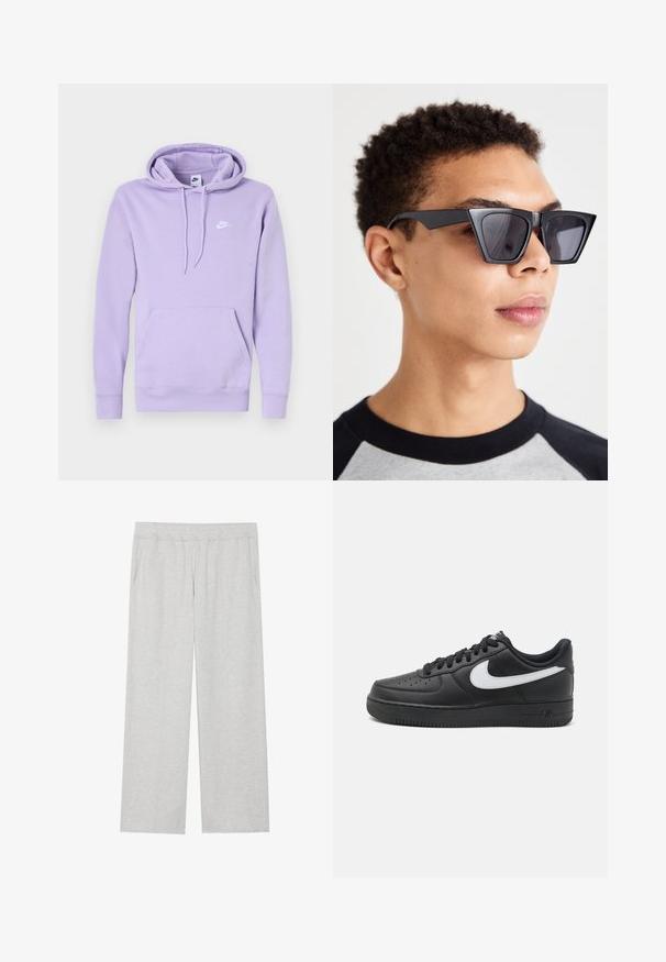 Suuéter com capuz roxo feito de tecido macio, com um bolso frontal, capuz ajustável e um logótipo branco da Nike no peito.; Calças de moletão largas, em cinza claro, feitas de um tecido suave. Apresentam um cós elástico e bolsos laterais. Textura lisa com um design simples.; Tenis Nike Air Force 1 pretos com parte superior em couro liso, detalhe do logo branco, bico perfurado e sola em borracha texturizada.; Óculos de sol angulares pretos com lentes escuras, apresentando um design geométrico arrojado e um acabamento mate. Usados por uma pessoa com cabelo curto.