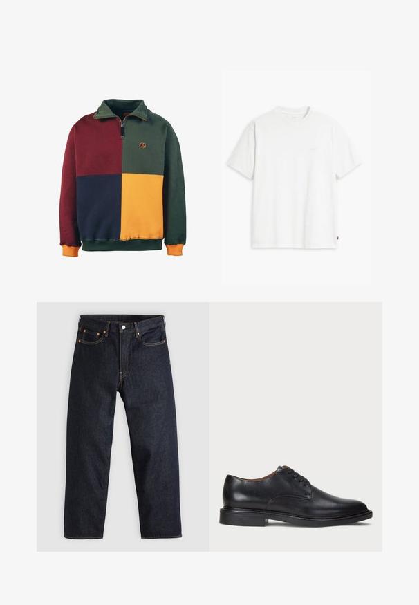 Sudadera con bloques de color que presenta secciones en verde, burdeos, azul marino y mostaza. Diseño con cuello de zip y un logo de elefante en el pecho. Textura suave.; Camiseta de algodón blanca con mangas cortas, cuello redondo y sutil logo de Levi's impreso en el centro. Textura suave y ajuste estándar.; Jeans de denim azul oscuro con corte recto, cinco bolsillos, costuras en naranja contrastante y cierre de botón. Sin patrones ni adornos visibles.; Zapato de vestir de cuero negro con punta redonda, diseño con cordones y un tacón bajo apilado. Textura lisa con detalles de costura mínimos.