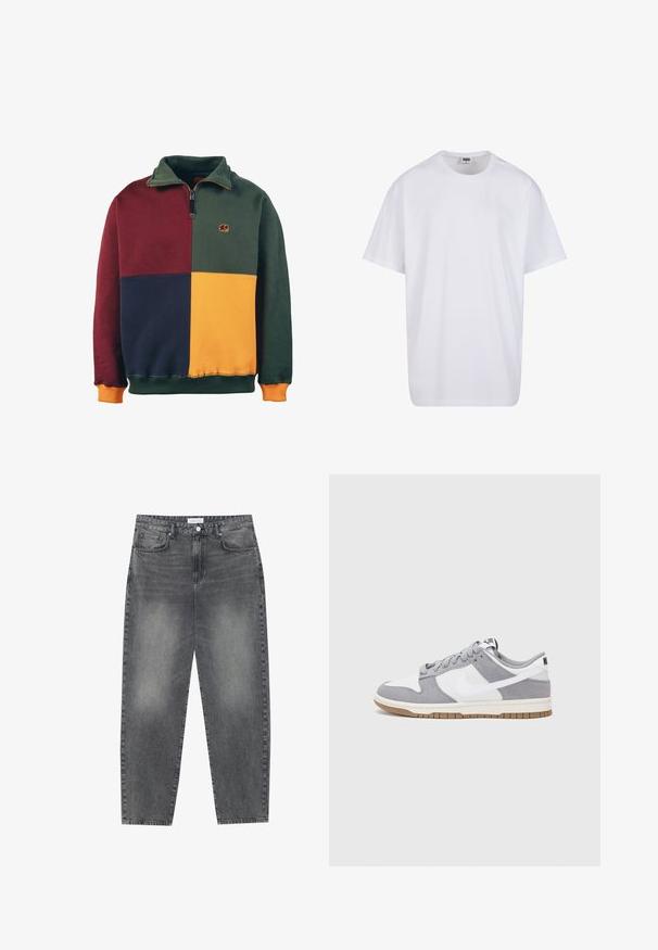 Sudadera con bloques de color que presenta secciones en verde, burdeos, azul marino y mostaza. Diseño con cuello de zip y un logo de elefante en el pecho. Textura suave.; Camiseta blanca de algodón con mangas cortas, cuello redondo, corte relajado y sin logotipos ni patrones visibles. Textura suave y diseño minimalista.; Jeans de cintura alta y corte holgado en denim negro desgastado. Con cinco bolsillos, pasadores para el cinturón y un diseño de pierna recta y limpia.; Zapatilla gris y blanca con parte superior de ante y cuero, puntera redondeada, cordones planos y suela de goma con un acento de goma.