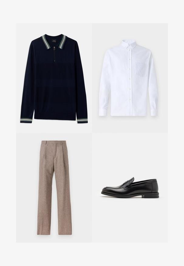 Mörkblå långärmad polo med halvdragkedja och randig krage i gröna, vita och lila nyanser. Mjuk stickad textur.; Vit långärmad skjorta med knappar, tillverkad av bomull, med en bröstficka med ton-i-ton broderi, krage och knappmanchetter.; Bruna, högmidjade byxor i texturerat tyg. Har vida ben och två framvikningar för struktur. Välavslutad utan synlig hårdvara.; Svarta läderloafers med en slät yta, rund tå och ett dekorativt band över främre delen. Låg staplad klack, minimalistisk design.