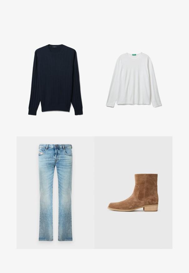 Dunkelblauer Pullover aus glattem Stoff, mit vertikaler Rippstruktur, langen Ärmeln und einem klassischen Rundhalsausschnitt.; Ein schlichtes, weißes Langarm-T-Shirt mit Rundhalsausschnitt und einem grünen Etikett am Kragen, flach auf einem weißen Hintergrund ausgelegt.; Helleblaue Denim-Jeans mit geradem Schnitt, Fünf-Taschen-Design und leichter Ausbleichung. Mit metallischem Knopf und Reißverschlussverschluss.; Braune Wildleder-Ankle-Boots mit leicht abgerundeter Zehenpartie, niedrigem, gestapeltem Holzabsatz, elastischen seitlichen Einsätzen und glatten Nähten entlang der Säume.