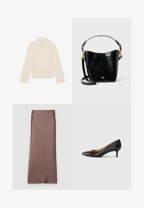 Crème-kleurige gebreide trui met een hoge hals en kabelpatroon details. Heeft lange mouwen en geribbelde boorden en zoom.; Bruine satijnen midi-rok met een soepele textuur, een aansluitende silhoeet en een tailleband. Geen zichtbare patronen of accenten.; Zwarte leren pump met een puntige teen, lage hak en een gladde textuur. Heeft een lichte opening aan de voorkant en minimale hardware aan de achterkant.; Zwarte croco-embossed leren tas met een gebogen ontwerp, gouden hardware-accenten, een verstelbare schouderriem en een logo-detail aan de voorkant.