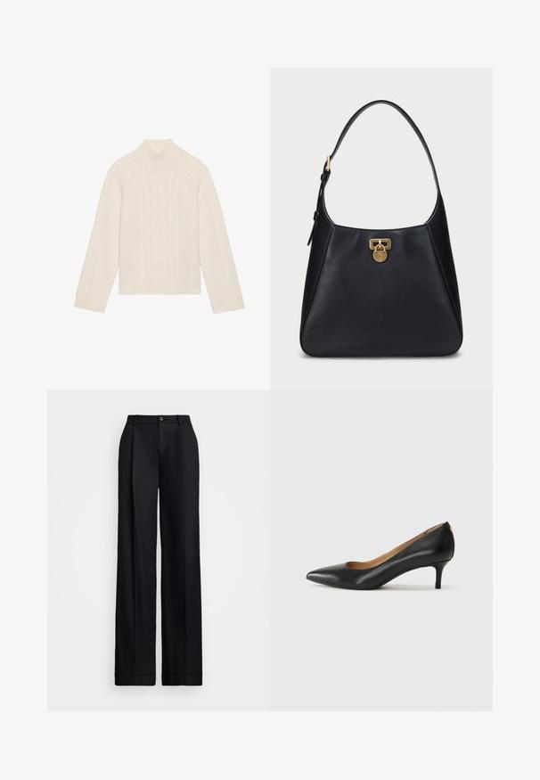 Kremno obarvan pleten pulover z visokim ovratnikom in detajli v kabelnem vzorcu. Ima dolge rokave ter rebraste manšete in spodnji rob.; Črne široke hlače z gladkim zaključkom, ravnim sprednjim delom, zankami za pas in enim gumbom za zapiranje v pasu.; Črne usnjene črpalke s koničastim nosom, nizko peto in gladko teksturo. Imajo rahlo odprtino spredaj in minimalno opremo zadaj.; Črna usnjena torbica čez ramo s klenjeno obliko, ki vključuje zlato zaklepanje in zaokrožen pas. Gladka tekstura z minimalnimi detajli.