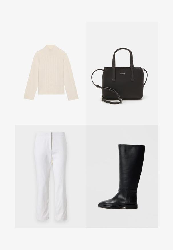 Kreminės spalvos megztinis su aukštu kaklu ir pynimo raštu. Turi ilgas rankoves bei elastines rankogalius ir apatinę dalį.; Balti medvilniniai kelnių su tiesiu kojų dizainu, turintys vidutinį liemenį ir be matomų detalių ar raštų. Lygi tekstūra visame paviršiuje.; Juodos odinės kelio ilgio boot'ai su apvaliu pirštu, lygia tekstūra, minimalistiniu dizainu ir plokščiu padu. Paprasti siuvinėjimo detalės ant šonu.; Juoda rankinė su dviem trumpais rankenėlėmis ir nuimamu petį. Lygaus odos tipo medžiaga su užtrauktuku ir logotipo detale.