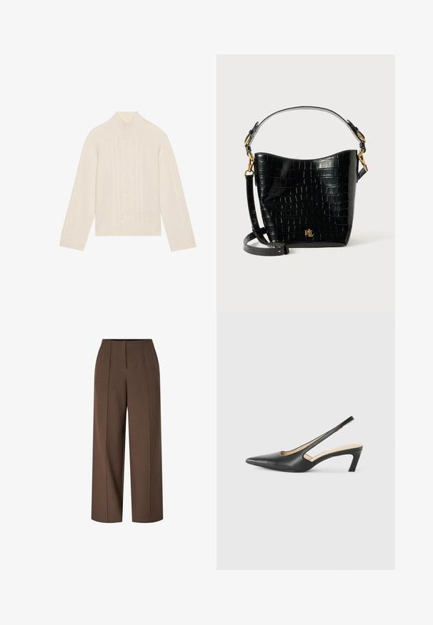 Kremno obarvan pleten pulover z visokim ovratnikom in detajli v kabelnem vzorcu. Ima dolge rokave ter rebraste manšete in spodnji rob.; Rjave hlače širokega kroja z visokim pasom in nagubanimi prednjimi šivi ter skrito prednjo zadrgo.; Črne čevlje s koničastimi nosovi in slingback obliko z nizko peto, izdelane iz gladke usnjene materiale ter s črtasto zasnovo na strani za prezračevanje.; Črna torbica iz usnja z embosiranim krokodiljim vzorcem, ukrivljene oblike, z zlatimi akcenti, nastavljivim trakom in podrobnostjo logotipa spredaj.