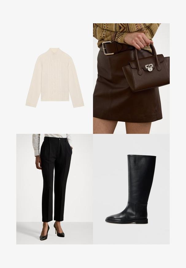 Cream-colored knitted sweater with a high neck and cable pattern detailing. Features long sleeves and ribbed cuffs and hem.; Black tailored trousers with a high waist, featuring pleats, a button closure, and side pockets. Made of smooth fabric.; Black leather knee-high boot with a rounded toe, smooth texture, minimalistic design, and a flat sole. Simple seam details on the shaft.; Brown leather handbag with a textured finish and silver hardware, held with a hand beside a brown leather skirt and patterned sweater.