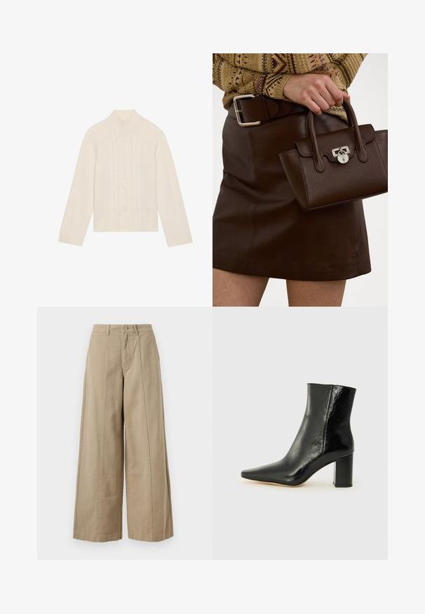 Pulover tricotat de culoare crem, cu guler înalt și detalii cu model de sfoară. Are mâneci lungi și tivuri și hem cu bandă elastică.; Pantaloni bej cu picioare largi, din bumbac rezistent, cu închidere prin nasture, curea și pliuri frontale curate, fără buzunare vizibile.; Botine negre din piele lucioasă, cu vârful ascuțit și un toc pătrat masiv. Au o textură netedă și un design minimalist.; Geantă din piele maronie cu un finisaj texturat și accesorii din argint, ținută cu o mână lângă o fustă din piele maronie și un pulover cu model.
