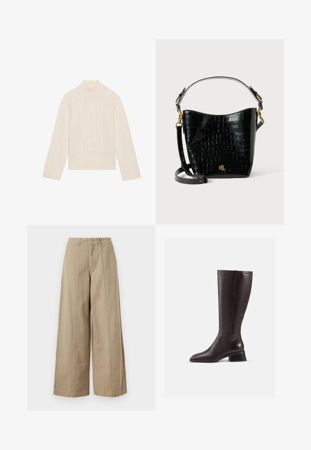 Kremasti pleteni pulover s visokom izrezom i detaljima u obliku pletenica. Ima duge rukave i rebraste manžete i donji rub.; Bež hlače širokih nogavica od čvrstog pamuka, s kopčanjem na dugme, petljama za remen i urednim prednjim nabranjem bez vidljivih džepova.; Kratke smeđe kožne čizme do koljena s glatkom površinom, okruglim vrhom i crnim potplatom. Jednostavan dizajn s minimalnim detaljima od hardvera.; Crna torba od kože s uzorkom krokodila, zakrivljenog oblika, s zlatnim metalnim detaljima, podesivim remenom i logotipom sprijeda.