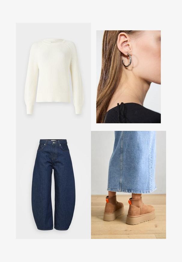 Kootud sviiter heledad valged tooni, ümmarguse kaeluse, pikkade raglaansleeve'idega, soonikuga mansetid ja alläär, millel on tekstuuriline kangamuster.; Kõrge vöökohaga tumesinised denim püksid laia säärega, esine nupuga ja tõmblukuga sulgemine ning klassikaline viie tasku disain.; Pruunid nahatooted platvormikontsad elastsete külgpaneelidega ja oranžide tõmbetuttidega, koos puusani ulatuva heleda denim-seelikuga puidust põrandal.; Hõbedane rõngas kõrvarõngas poleeritud viimistlusega, millel on väikesed kuldsed aktsendid ja ümmargune kuju, kantud lobus.