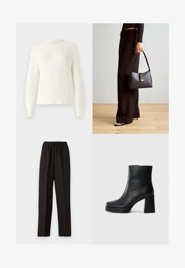 Knit sweater in off-white with a round neck, long raglan sleeves, ribbed cuffs and hem, featuring a textured fabric pattern.; Black, wide-leg pants with an elastic waistband and adjustable drawstring. Made from a smooth, lightweight fabric with no visible patterns.; Black leather ankle boot with a block heel and platform sole, viewed from the side on a plain white background.; Black handbag with structured shape, smooth texture, and a metallic clasp. Paired with wide black pants and open-toe sandals on wooden floor.