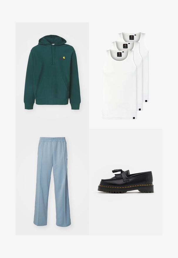 Green hoodie made of cotton blend, featuring a front pocket, drawstring hood, and embroidered logo in yellow and red on the chest.; Three white ribbed tank tops made of cotton. Features a crew neck and small black labels near the hem. Available in multiple sizes.; Carhartt WIP BOLAN PANT - Tracksuit bottoms - dusty ice/positano; Black leather loafer with a tasseled accent, featuring a chunky black sole and yellow stitching along the edge. Textured finish.