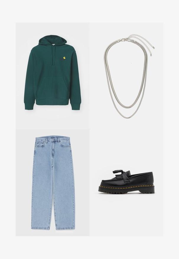 Zöld kapucnis pulóver, pamut keverékből készült, elöl zseb, húzózsinóros kapucni, és sárga-piros hímzett logóval a mellkasán.; Világoskék farmernadrág egyenes szárú kivitelben, közepes derékkal, öt zsebbel, gombos és cipzáros záródással.; Fekete bőr mokaszin, rojtos díszítéssel, masszív fekete talppal és sárga varrással az élén. Texturált felület.; Háromrétegű ezüstszínű fém nyaklánc, letisztult, rugalmas láncokkal, enyhe fényességgel, homárkapoccsal rögzítve és állítható lánccal.