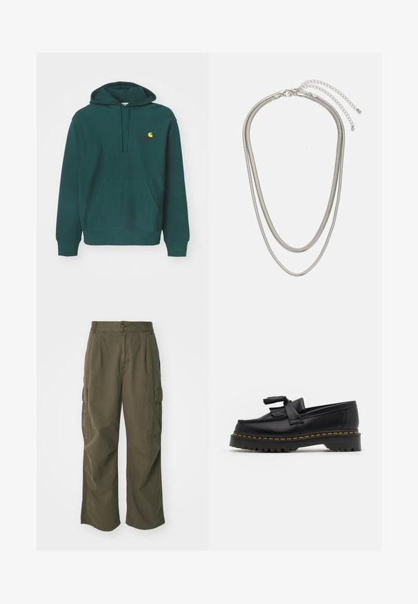 Grønn hettegenser laget av bomullsblanding, med lommer foran, snor i hetten og brodert logo i gult og rødt på brystet.; Olivenfargede cargo bukser, laget av bomull, med bred bendesign, folder og sidelommer for nytte.; Svart skinn loafers med en kvastdetalj, med en tjock svart sula och gul sömnad längs kanten. Texturerad yta.; Tre-lags sølvmetallkjede med elegante, fleksible kjeder med en svak glans, sikret med en krabbe-lås og justerbar kjede.
