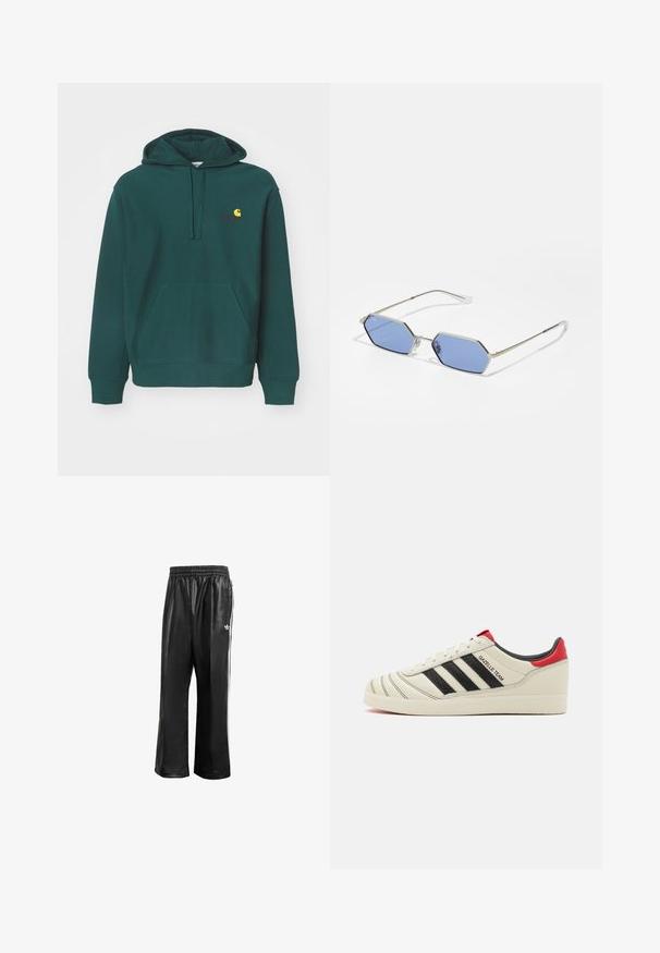 Groene hoodie gemaakt van een katoenmix, met een voorzak, een trekkoordcapuchon en een geborduurd logo in geel en rood op de borst.; Zwarte synthetische trainingsbroek met een elastische tailleband, voorzien van witte zijstrepen en een klein wit logo op de linkse heup.; Crème leren sneakers met zwarte strepen, rode hielaccenten en textuurdetails. Beschikt over een rubberen zool en een vetersluiting.; Hexagonale zonnebril met blauwe lenzen en een slank zilveren metalen frame. Voorzien van dunne glazen en transparante neuskussentjes voor comfort.
