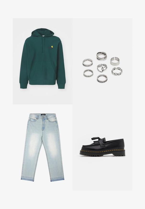 Zielona bluza z kapturem wykonana z mieszanki bawełny, z przednią kieszenią, regulowanym kapturem i haftowanym logo w kolorze żółtym i czerwonym na piersi.; Pegador BARROW bleached denim; Czarny skórzany mokasyn z frędzelkowymi akcentami, z masywną czarną podeszwą i żółtym przeszyciem wzdłuż krawędzi. Teksturowane wykończenie.; Zestaw siedmiu srebrnych pierścionków o różnych wzorach, w tym skręconych, połączonych i grawerowanych. Różne kształty i szerokości.