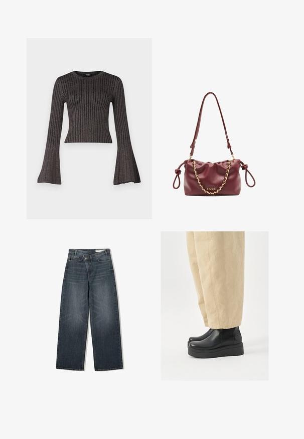 Top lungo a maniche nere, a coste, con maniche svasate e scollatura arrotondata, caratterizzato da un delicato effetto lucido su tutta la superficie del tessuto.; Jeans in denim scuro con un design a gamba larga, caratterizzati da una vita alta, cinque tasche e leggere sfumature di usura nella parte anteriore.; Stivali neri in pelle fino alla caviglia con punta arrotondata e suola platform. Abbinati a pantaloni beige a gamba larga, con dettagli di cucitura visibili.; Borsa a mano in pelle bordeaux con design arricciato, rifiniture in catena dorata, tracolla regolabile e dettaglio con logo. Presenta manici laterali annodati.