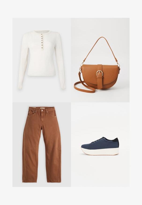Long-sleeve cream sweater with ribbed texture, featuring a round neck and seven decorative buttons down the front.; Rust brown straight-leg jeans with front and back pockets, metal rivets, button closure, and belt loops, laid flat on a white background.; Navy blue sneaker with a textured fabric upper, white platform sole, rounded toe, and black heel accent. Features six eyelets for laces.; Brown leather crossbody bag with a curved shape, gold hardware, and a buckle accent. Features a detachable shoulder strap.