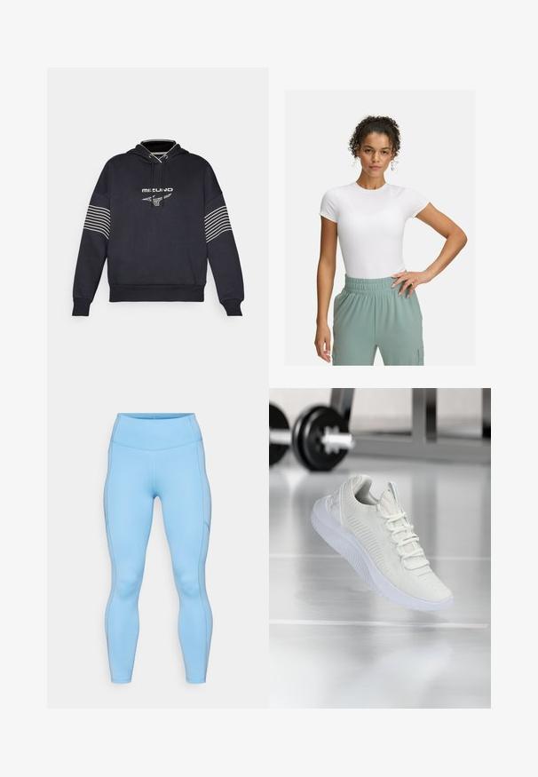 Donker marineblauwe hoodie van katoenmix, met een logo aan de voorkant en witte horizontale strepen op de mouwen. Regelmatige pasvorm en verstelbare trekkoordkap.; Witte fitted t-shirt met korte mouwen, gecombineerd met lichtgroene broek met elastische tailleband. Gladde textuur, minimalistisch ontwerp en geen zichtbare patronen.; Lichtblauwe leggings van rekbaar materiaal. Beschikt over een hoge tailleband, een soepele textuur en gebogen naden langs de benen.; Witte sport sneaker met een gestructureerde mesh bovenkant en vetersysteem, voorzien van een gewatteerde witte zool en subtiele ribbelaccenten.