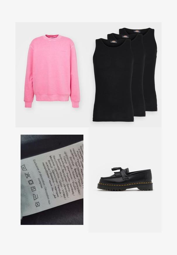 Carhartt WIP DUSTER SCRIPT  - Sweatshirt - charm pink; Sorte tanktoppe i en pakke med tre. Ribbet tekstur, standard rund halsudskæring, uden ærmer. Kanten har et lille brandlogo nederst.; Et label med flersprogede tekster, pleje symboler og genbrug ikoner, trykt på et blødt stoflignende materiale i lyse farver.; Sort læderloafer med en frynsedetalje, der har en kraftig sort sål og gul syninger langs kanten. Teksturert overflade.