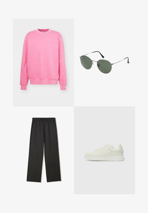 Carhartt WIP DUSTER SCRIPT - Felpa - charm pink; Pantaloni neri a gamba larga con vita elastica e cordoncino, dotati di tasche laterali e una finitura in tessuto leggero e morbido.; Sneaker bianca in pelle con superiore testurizzato, punta arrotondata, suola piatta bianca e lacci tono su tono. Branding discreto sulla linguetta.; Occhiali da sole con montatura in metallo e lenti verdi ovali. Montatura sottile in metallo argento e terminali neri. Design minimalista, senza loghi visibili.
