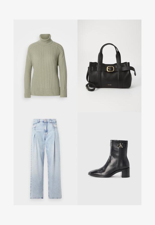 Lys grøn turtleneck sweater lavet af ribbet strikket stof. Drop-skulder design, minimale sømdetaljer og lange ærmer.; Lyseblå denim jeans med høj talje, bred benåbning, to sidelommer og plisseret design. Blød tekstur med et falmet finish.; Sort læder ankelstøvle med spids tå, blokhæl og en rem med en metallisk logo detalje. Glat tekstur og minimalistisk design.; Sort læderhåndtaske med et struktureret design, dobbelte toppegreb, guldtonet spændeaccents og præget logo på forsiden.