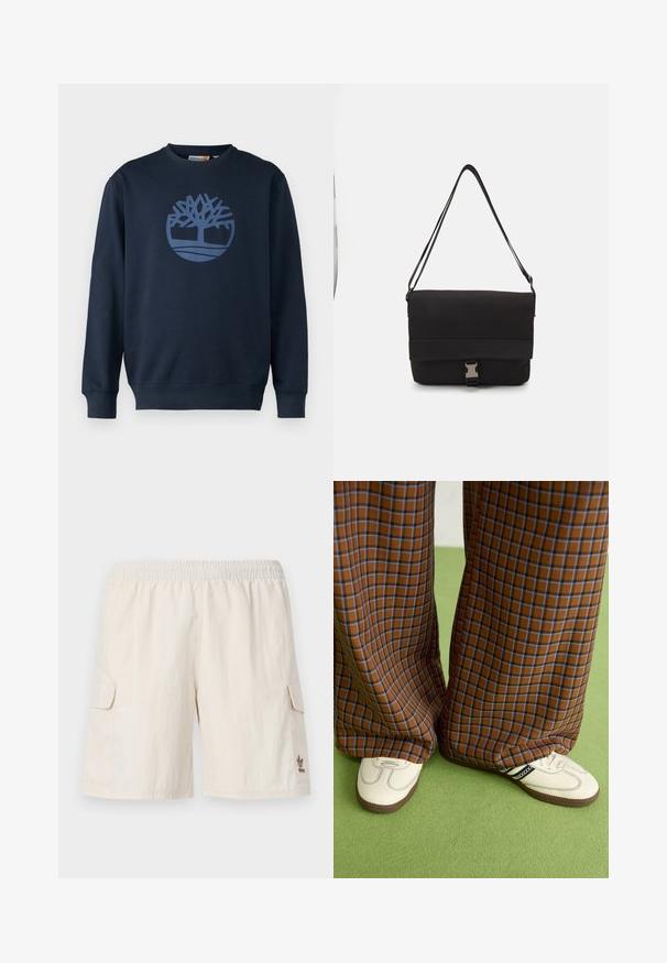 Timberland TREE LOGO CREW NECK  - Sudadera - dark sapphire; Pantalones cortos tipo cargo beige con una cintura elástica, dos bolsillos laterales y un pequeño logo en la parte inferior derecha. Tela suave y ligera.; Pantalones de pata de elefante de cuadros marrones y azules combinados con zapatos blancos con detalles en negro y suelas texturizadas, sobre un fondo verde.; Bolso mensajero negro hecho de material suave, con solapa plegable, herraje de cierre plateado y correa de hombro ajustable.