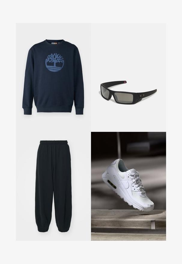 Timberland TREE LOGO CREW NECK - Mikina - dark sapphire; Černé teplákové kalhoty s elastickým pasem, volným střihem, manžetami na kotnících, hladkým povrchem a bez viditelných vzorů či kovových detailů.; Bílé tenisky Nike Air Max 90 s vrchním materiálem z textilu a kůže, perforovanou špičkou a viditelnou vzduchovou jednotkou v patě.; Černé sluneční brýle s matným povrchem, obdélníkové čočky, mírná křivka na spáncích, nenápadný detail loga a čočky s kouřovým zabarvením.
