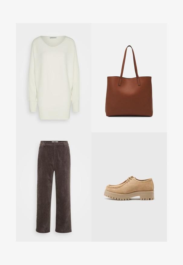 Übergroßer weißer Pullover aus geripptem Strickmaterial, mit weitem Halsausschnitt, überschnittenen Schultern und langen Ärmeln mit engen Bündchen.; Braune Corduroy-Hose in weiter Form mit strukturiertem Finish, ausgestattet mit einem Standardbund und zwei Vordertaschen.; Beige Wildlederschuh mit runder Spitze, Schnürdesign und einer dicken, strukturierten Gummisohle mit tiefen Rillen für besseren Grip.; Braune Leder-Tote mit glatter Textur, offenem Oberteil und zwei Schulterriemen. Verfügt über minimale Nähte und keine sichtbaren Beschläge.