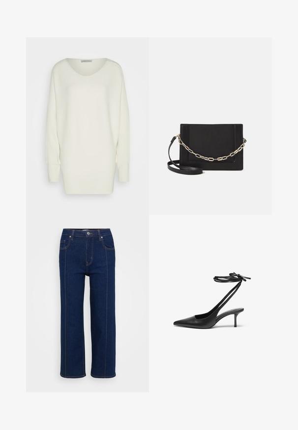 Übergroßer weißer Pullover aus geripptem Strickmaterial, mit weitem Halsausschnitt, überschnittenen Schultern und langen Ärmeln mit engen Bündchen.; Dunkelblaue gerade Jeans mit Knopfverschluss, vorderen und hinteren Taschen sowie sichtbaren orangefarbenen Nähten entlang der Nähte.; Schwarzer Leder-Stiletto mit spitzem Zehenbereich, offenem Fersenbereich und mit einer Schleife gebundenen Knöchelriemen. Schlanker 3-Zoll-Absatz. Glatte Textur, minimalistisches Design.; Schwarze Leder-Crossbody-Tasche mit glatter Textur, rechteckiger Form und metallic-kettendetail auf der Vorderseite. Verstellbarer Gurt inklusive.