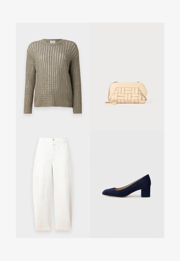 Pulover ușor, tricotat, de culoare verde olive atent estompat. Are o țesătură deschisă și largă și mâneci lungi cu tiv mai elastic.; CLOSED RHANNON - Wide leg - ivory; Pantof cu toc din suede bleumarin, cu vârful ascuțit și un toc de înălțime medie în formă de bloc. Textură netedă cu o strălucire subtilă și o mică decupare în față.; Geantă bej țesută cu un design structurat, având un capac neted și o curea lungă. Detaliile texturate îmbunătățesc aspectul general.