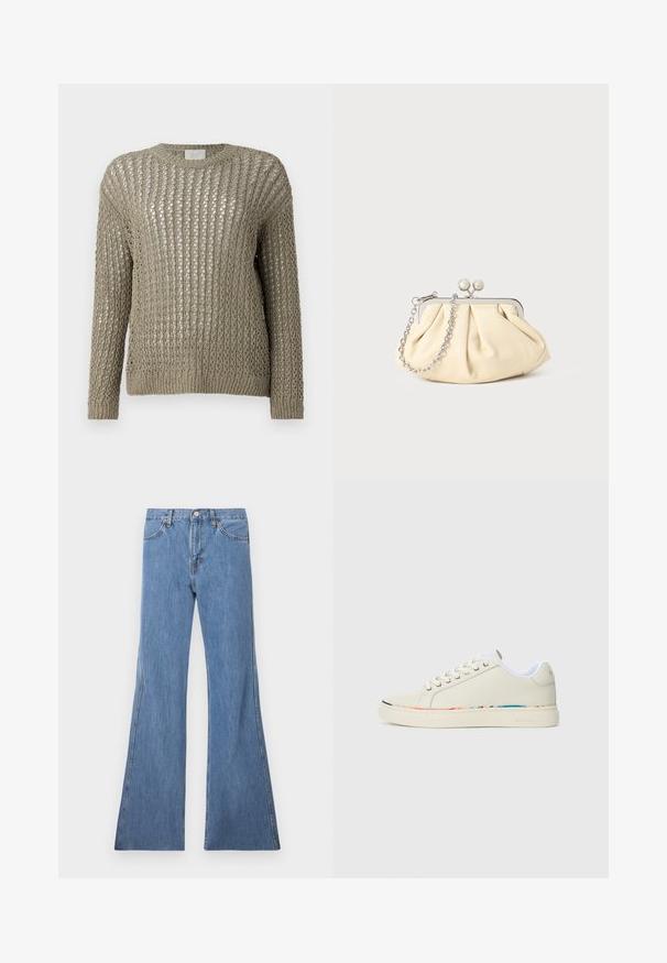 Suéter leve, tricotado, na cor verde oliva suave. Apresenta uma trama solta e aberta, com mangas longas e bainha canelada.; Jeans de ganga azul claro, de perna larga e cintura alta, com um design clássico de cinco bolsos e costura em contraste ao longo das costuras.; Sapatilha de cano baixo em off-white com design de atacadores, forro interior branco e detalhes discretos em várias cores ao longo da borda da sola, vista lateral.; Clutch de couro bege plissado com uma estrutura de metal prateado, apresentando dois fechos decorativos redondos e uma alça de corrente prateada.
