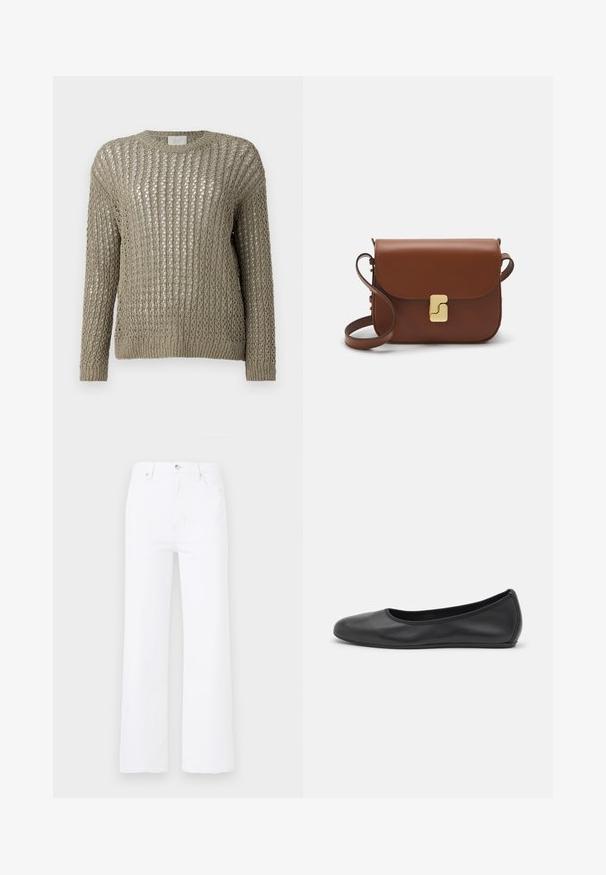 Leichter, gestrickter Pullover in einem sanften Olivgrün. Er besitzt ein lockeres, offenes Gewebe und lange Ärmel mit einem gerippten Saum.; Weiße Jeans aus Denim mit hoher Taille und weitem Schnitt. Verfügt über Fronttaschen, einen Knopfverschluss und dezente Steppdetails.; Schwarze Leder-Ballettschuhe mit abgerundeter Spitze, glatter Textur, minimalen Nähdetails und einem flexiblen Sohlen-Design.; Braune Ledertasche mit Klappenverschluss, Beschlägen in Goldfarbe, einem Schultergurt und einer glatten Oberfläche. Kompakte rechteckige Form.
