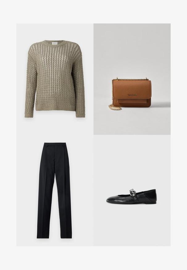 Lightweight, knitted sweater in a muted olive green. Features a loose, open weave and long sleeves with a ribbed hem.; Black trousers made from smooth fabric featuring a high waist, wide legs, front pleats, and classic belt loops. No side pockets visible.; Black leather ballet flats with a pointed toe, featuring a strap with a circular metallic buckle and a flat sole.; Brown textured leather crossbody bag with gold chain strap and flap closure. Front features logo detail and a pocket under the flap.