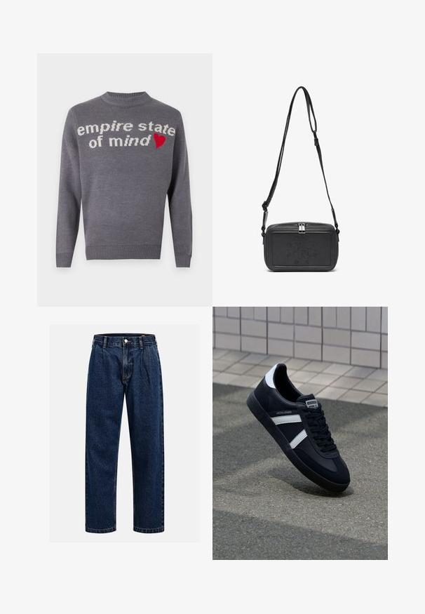 Grau gestrickter Pullover mit der Aufschrift "Empire State of Mind" in weißem Text und einem roten Herzakzent. Rundhalsausschnitt sowie gerippter Saum und Bündchen.; Dunkelblaue Denim-Jeans mit geradem Bein. Mit sichtbaren Nähten, einem Knopfverschluß und Frontfalten für zusätzliche Details.; Schwarze Leder-Sneaker mit weißen Streifen, strukturiertem Gummisohle und Schnürung. Verfügt über ein Markenetikett auf der Zunge.; Schwarze Leder-Crossbody-Tasche mit einem Reißverschluss, geprägtem Logo auf der Vorderseite und verstellbarem Riemen. Glatte Textur mit rechteckiger Form.