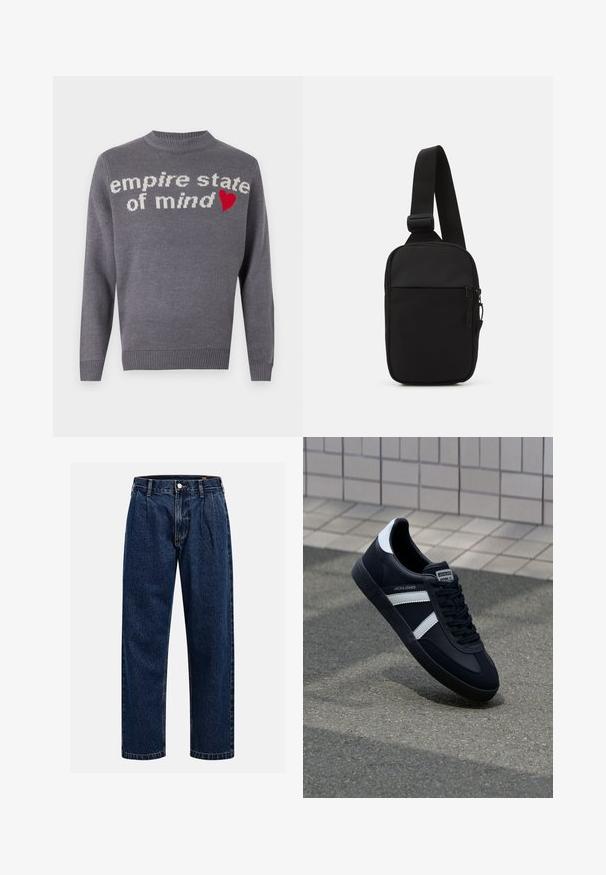 Gray knitted sweater featuring "empire state of mind" in white text and a red heart accent. Crew neck and ribbed hem and cuffs.; Dark blue denim jeans with a straight-leg design. Features visible stitching, a button closure, and front pleats for added detail.; Black leather sneaker with white stripes, textured rubber sole, and lace-up front. Features a branded label on the tongue.; Black crossbody bag made of durable fabric, featuring a single adjustable strap, a zippered main compartment, and a front pocket.