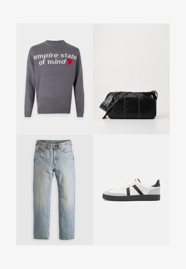 Gray knitted sweater featuring "empire state of mind" in white text and a red heart accent. Crew neck and ribbed hem and cuffs.; Light blue denim jeans with high waist, front button, zipper, and five-pocket design, laid flat on a neutral background.; White sneaker with black and gray accents, featuring a textured gray toe cap, black rubber sole, and flat white laces. Clean design, minimalist style.; Black leather shoulder bag with a zip closure, featuring a textured body, white stitching, and a strap with silver grommets.
