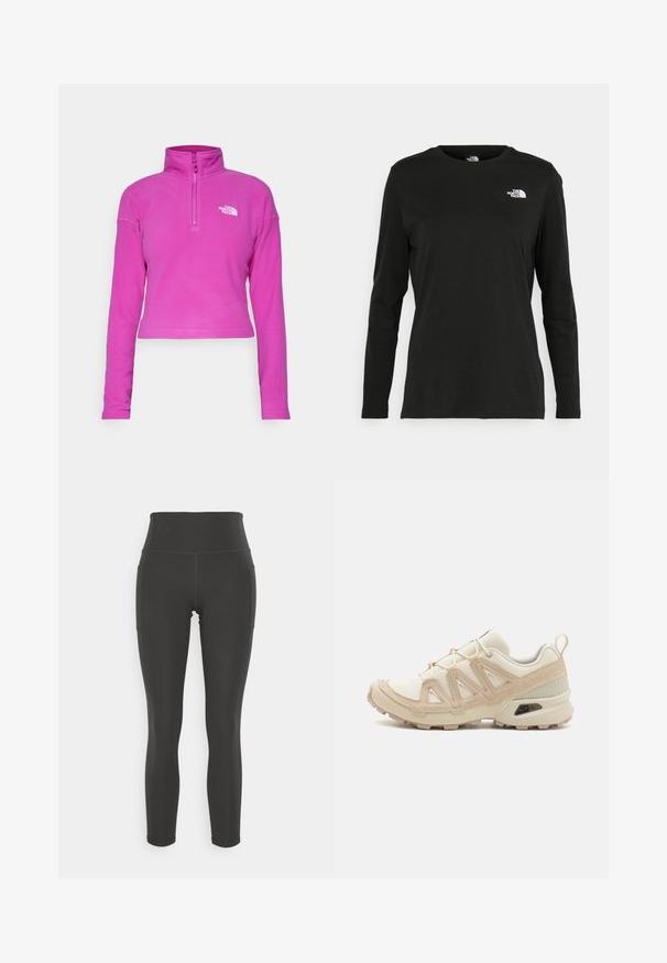 The North Face GLACIER CROPPED ¼ ZIP - Fleece jumper - deep mulberry; Black long-sleeve t-shirt made of cotton with a round neck. Features a small white logo on the left chest area. Simple design and fit.; High-waisted black leggings made of stretchy fabric with smooth texture; features side pockets and flatlock seams for added comfort.; Beige and cream athletic shoe with textured mesh upper, supportive overlays, and rubber outsole featuring a tread pattern for traction.