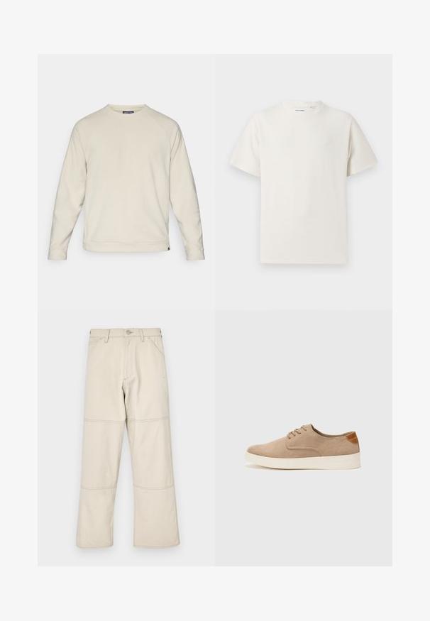 Helle beige Sweatshirt mit rundem Ausschnitt, Raglanärmeln und strukturierter Oberfläche. Der Saum ist leicht verkürzt und hat ein seitliches Logo.; Weißes T-Shirt mit kurzen Ärmeln in gerippter Textur. Runder Ausschnitt, lockere Passform, keine sichtbaren Muster oder Akzente. Einfaches und vielseitiges Design.; Beige weit geschnittene Jeans aus Baumwolle mit glatter Textur, ausgestattet mit dreifacher Naht an den Nähten und fünf Taschen, einschließlich einer Münztasche.; Beige Wildleder-Sneaker mit runder Zehenpartie, Schnürung und strukturiertem Rückenteil. Die weiße Gummisohle sorgt für einen Kontrast. Einfaches und modernes Design.