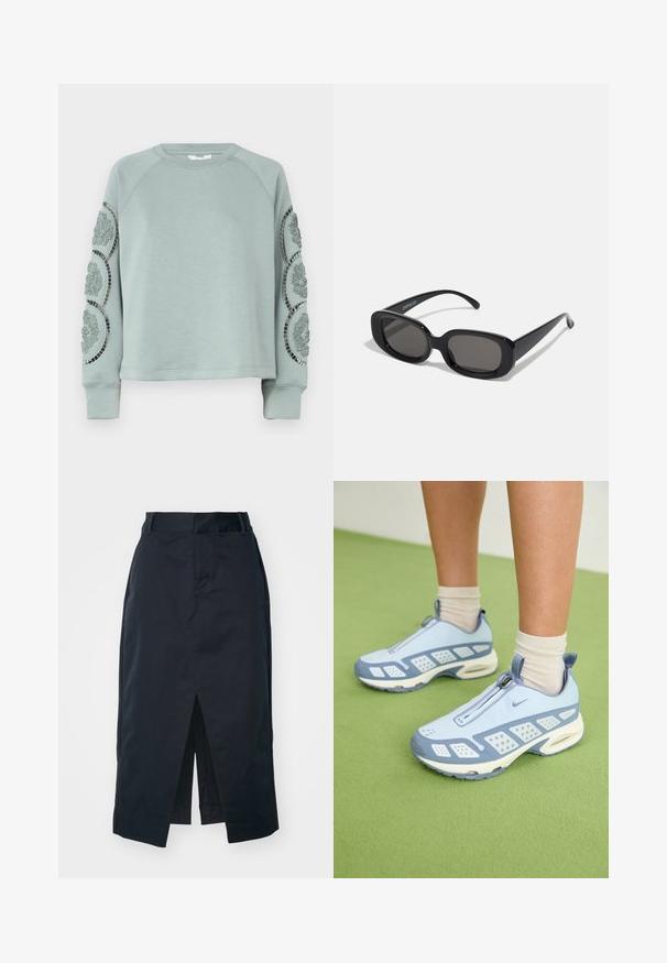 Object OBJDORINA - Sweatshirt - slate; Dark navy midi skirt made of cotton blend fabric, featuring a front slit, concealed zipper, and side pockets for functionality.; Light blue athletic shoes with white accents, textured panels, and a zip closure. Features a visible air cushioning sole and rubber outsole.; Black rectangular sunglasses with dark lenses. Thick plastic frame, smooth texture, and rounded edges. Stylish temples extend outward.