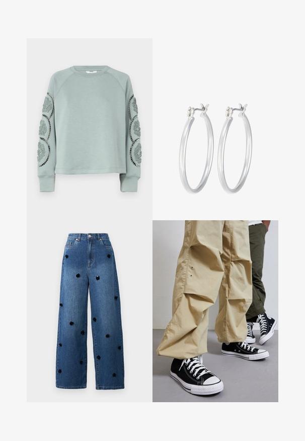Object OBJDORINA - Sweater - slate; Witte geribde tanktop met een ronde halslijn en mouwloos ontwerp, voorzien van een rechte zoom en een gladde, rekbare textuur.; Wijduitlopende blauwe spijkerbroek met zwarte bloemapplicaties verspreid over de stof. Heeft een hoge taille en een klassieke vijf-pocket ontwerp.; Zwarte canvas high-top sneakers met witte rubberen zolen, gecombineerd met lichtbeige losse broek met zijzakken en een relaxte pasvorm.; Zilveren oorbellen in de vorm van een gladde, gepolijste ring. Ronde vorm met een veilige kliksluiting. Lichtgewicht ontwerp, geschikt voor dagelijks gebruik.