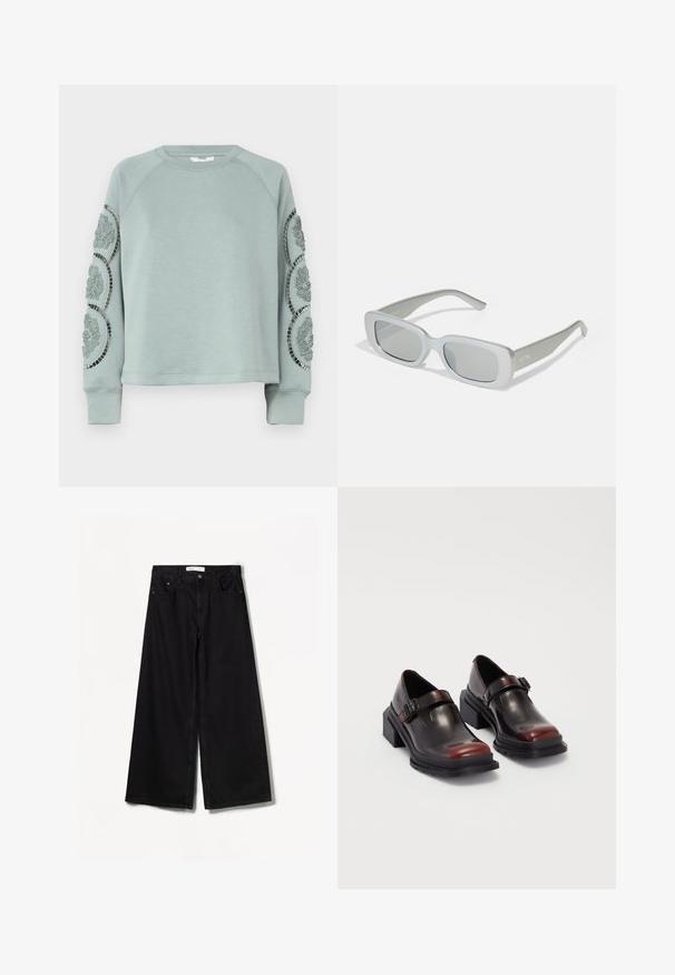Object OBJDORINA - Sweatshirt - slate; Bershka WIDE-LEG - Wide Leg - black; Leather block-heeled shoes with a shiny dark burgundy finish, featuring a buckle strap and rounded toe design. Textured outsole for grip.; Gray sunglasses with a rectangular frame, matte finish, and tinted lenses. Features slim temples with subtle branding on the side.; Black fabric handbag featuring a tied bow accent, rounded shape, textured surface with small patterns, and a single, thin handle.; Silver earrings featuring two teardrop shapes and two rounded shapes, all with a polished, reflective surface and smooth texture.