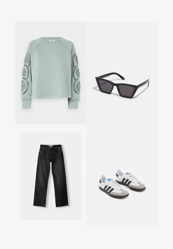 Object OBJDORINA - Sweater - slate; Bershka Straight leg jeans - mottled dark grey; Sportschoenen met een witte leren bovenkant, grijze suède neus en drie zwarte strepen. Bevat een blauw logo op de tong en een gestructureerde rubberen zool.; Zwarte, hoekige zonnebril met grijze lenzen; gemaakt van plastic, met dikke armen met een gladde oppervlakte en zonder zichtbare hardware.; Zwarte leren schoudertas met een gebogen vorm, enkele platte schouderband en een ritssluiting aan de bovenkant. Glad textuur met minimale hardware-details.