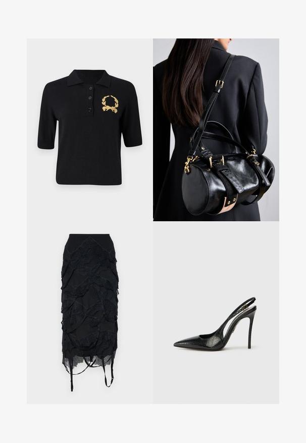 Fekete, rövid ujjú polo ing puha anyagból, gallérral, három gombbal és egy arany babérkoszorú emblémával a bal mellen.; Fekete szoknya rétegezett csipkével, testhezálló derékkal és állítható pántokkal. A dizájn hullámszerű mintázattal rendelkezik.; Fekete slingback magassarkú cipő hegyes orral, textúrált kígyómintával, stiletto sarokkal, és díszes csattal a pánton.; Fekete bőr kézitáska lekerekített formával, aranyhardverrel és állítható pántokkal. Texturált fekete bőr és bézs részletek díszítik.