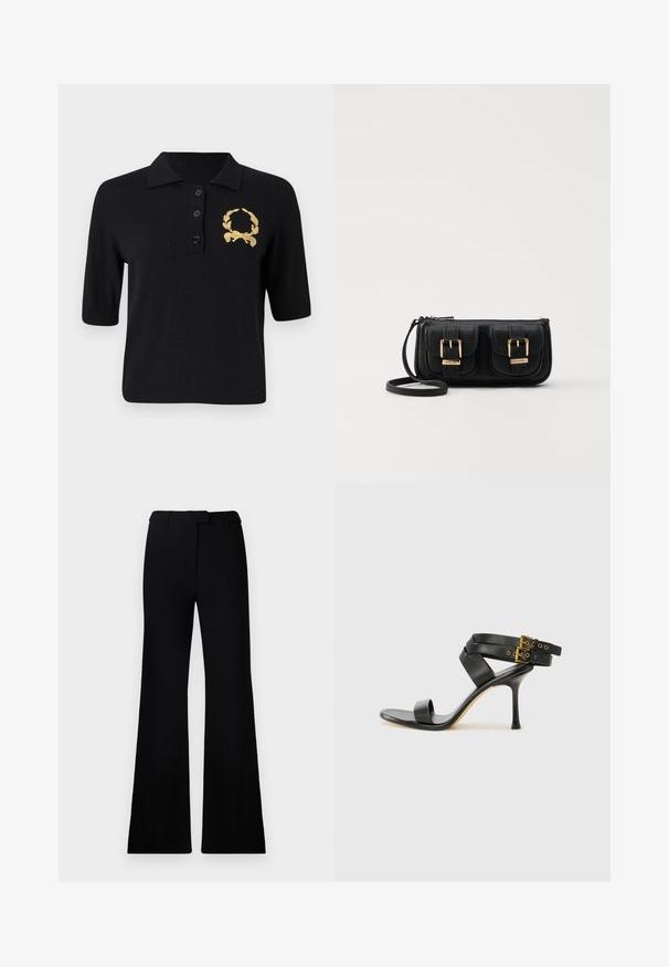 Fekete, rövid ujjú polo ing puha anyagból, gallérral, három gombbal és egy arany babérkoszorú emblémával a bal mellen.; Fekete, harangszárú nadrág sima textúrával, precíziós derékrésszel és elülső zsebekkel, amely egy sima, modern sziluettet tervez.; Fekete magassarkú szandál keresztpántos dizájnnal és állítható csattal. Simább felülettel és hegyes tűsarkúval rendelkezik.; Fekete bőr keresztbody táska két elülső zsebbel, arany csattokkal, cipzáras záródással és vékony pánttal. Textúrált felület és kompakt téglalap alak.