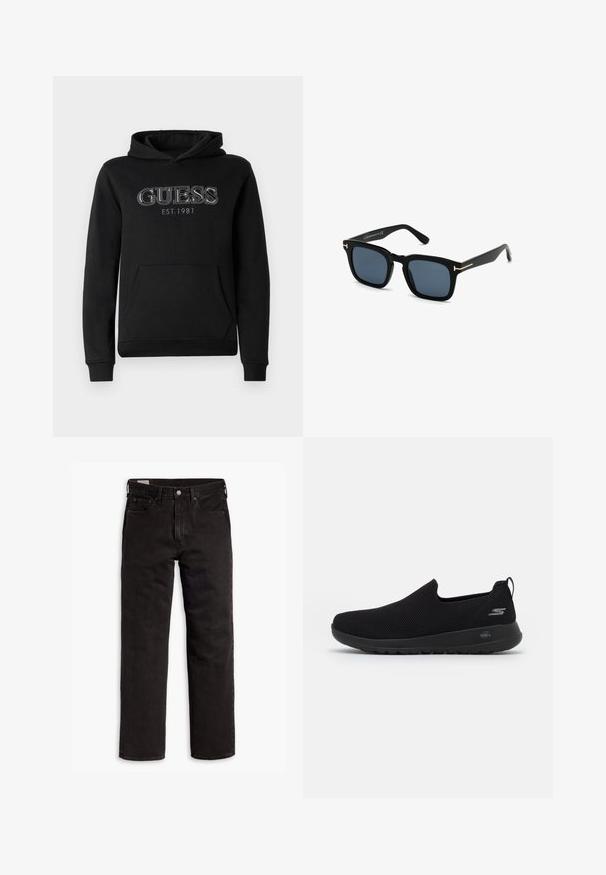 Hanorac negru GUESS cu buzunar frontal, glugă și logo-ul alb brodat "GUESS EST. 1981" pe piept.; Jeans din denim negri cu picior drept, cu cinci buzunare, închidere cu nasture și bucle pentru curea, așezați plat pe un fundal alb.; Adidași negri, tip slip-on, cu un superior din plasă respirabilă, vârf rotund și talpă din cauciuc cu amortizare. Prezintă un logo pe lateral.; Ochelari de soare pătrați negri, cu lentile întunecate, finisaj mat și accente de metal auriu pe templu, având un design minimalist.